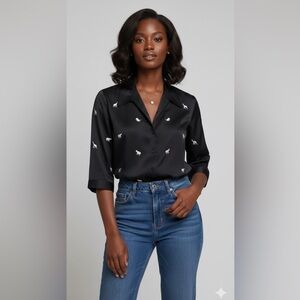 Luxury Pure Silk Vintage Shirt Black Embroidered Safari Motif Button Up Luxe PS